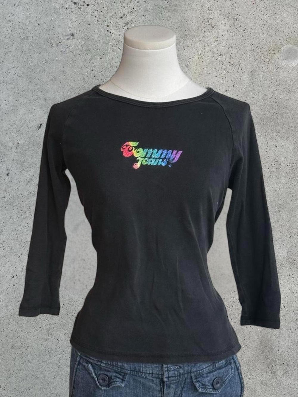 Tommy Hilfiger Black Long Sleeve Tee with Rainbow Logo